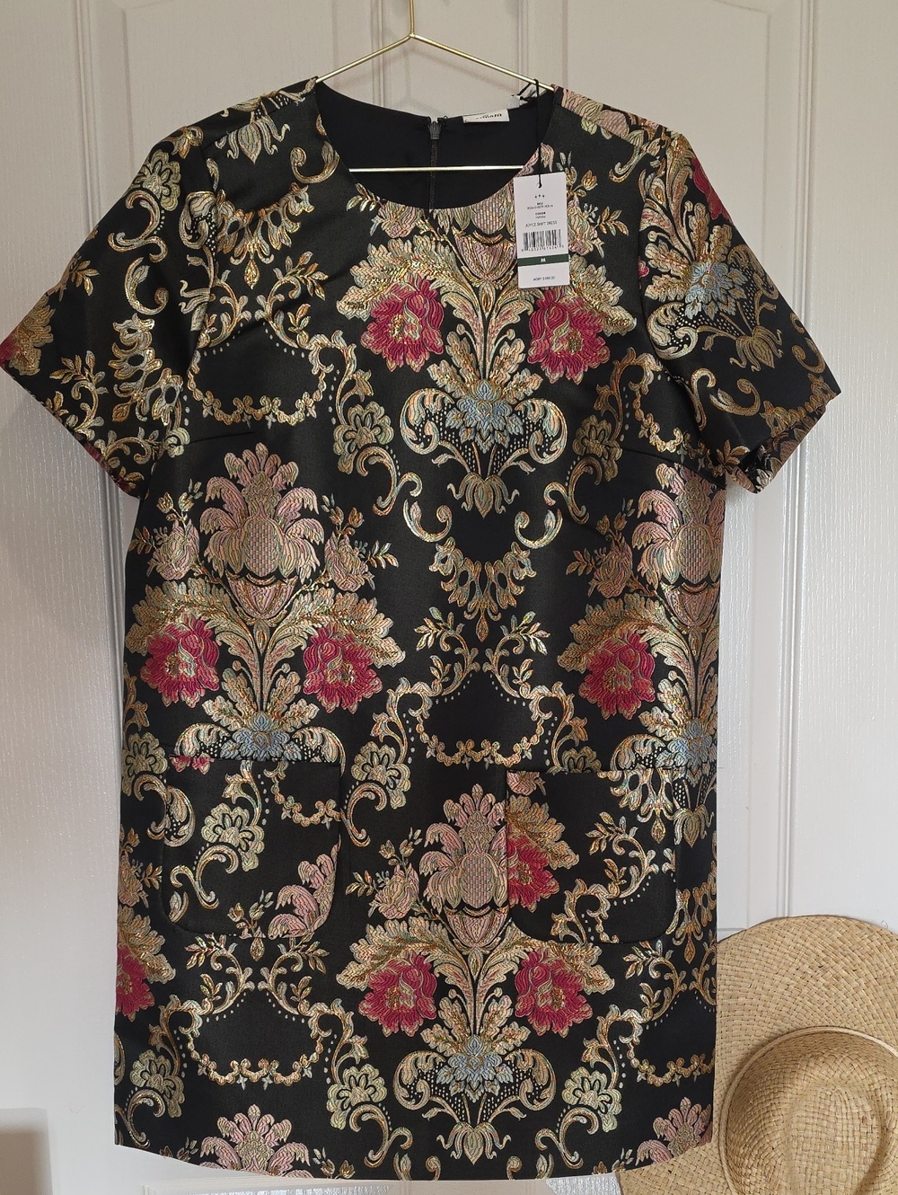 Hermoza Black Brocade Mini Shift Dress Gold Pink Floral Pockets Jacquard Medium